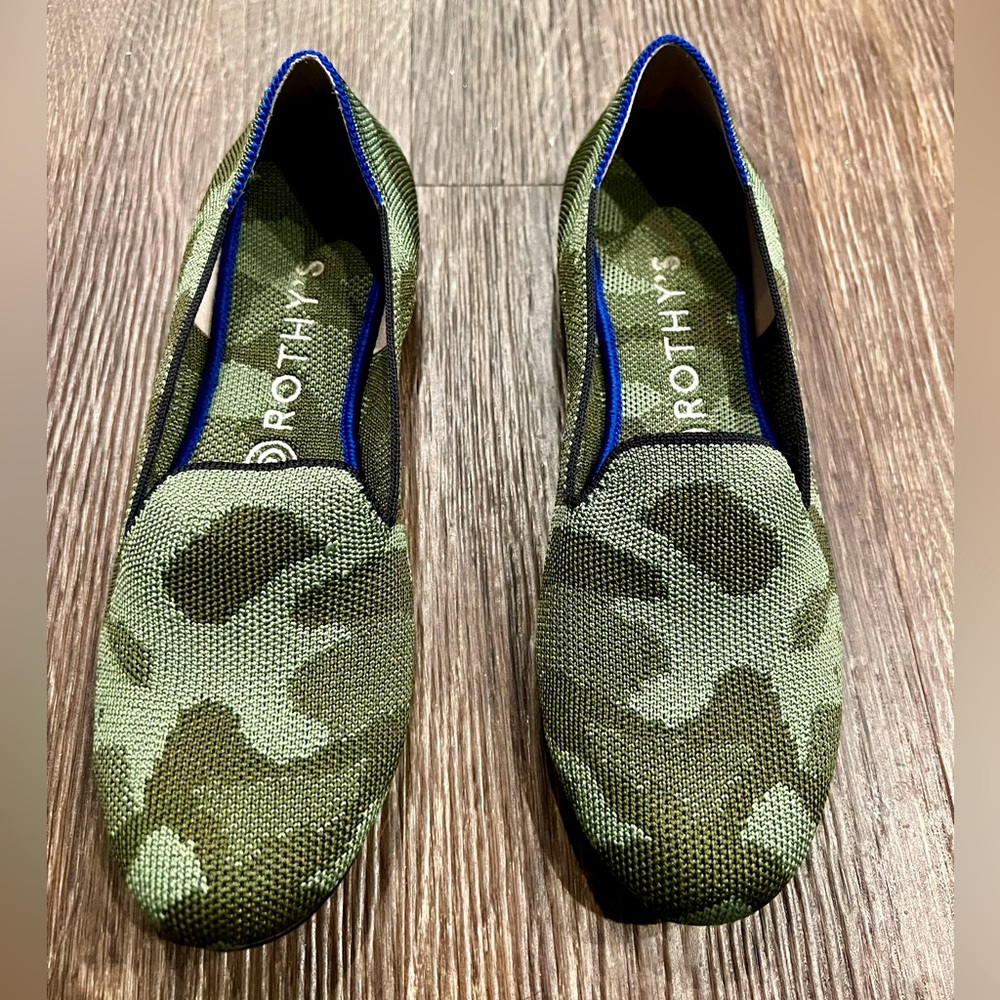 Rothy's Green Camo Knit Flats with Blue Trim